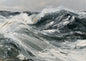 Thick palette-knife strokes of slate, sea green and white building an open swell, the ridges of paint standing proud