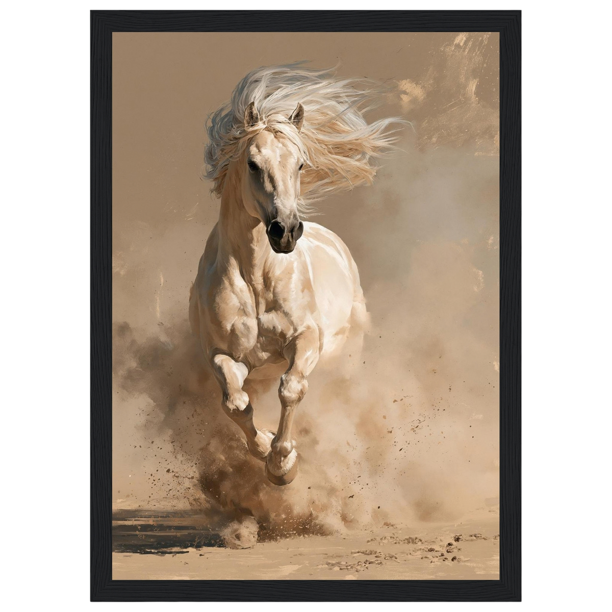 Palomino in the dust, print in a black frame