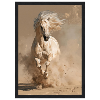 Palomino in the dust, print in a black frame