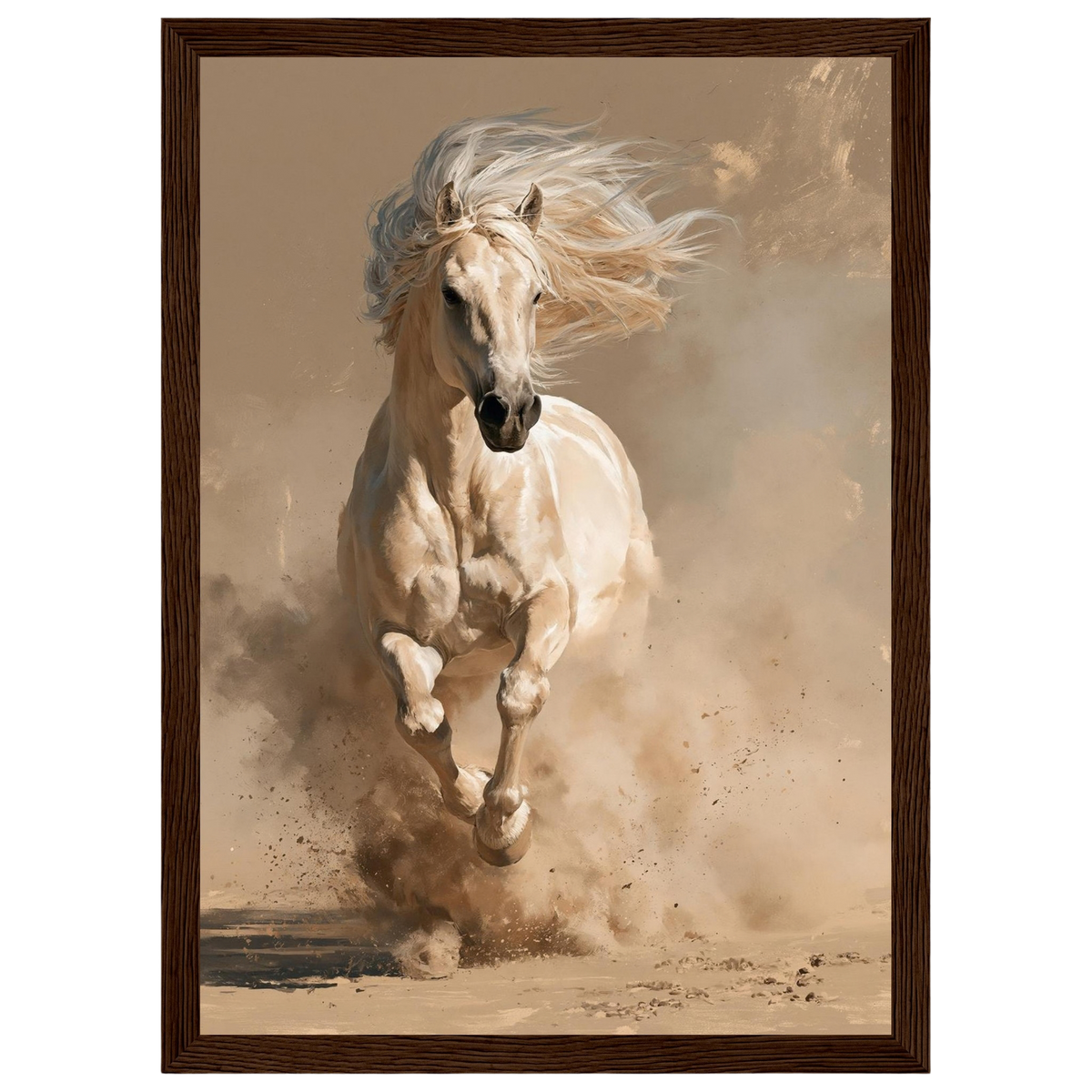 Palomino in the dust, print in a dark wood frame