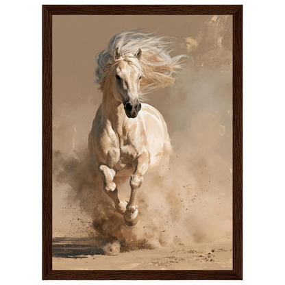 Palomino in the dust, print in a dark wood frame