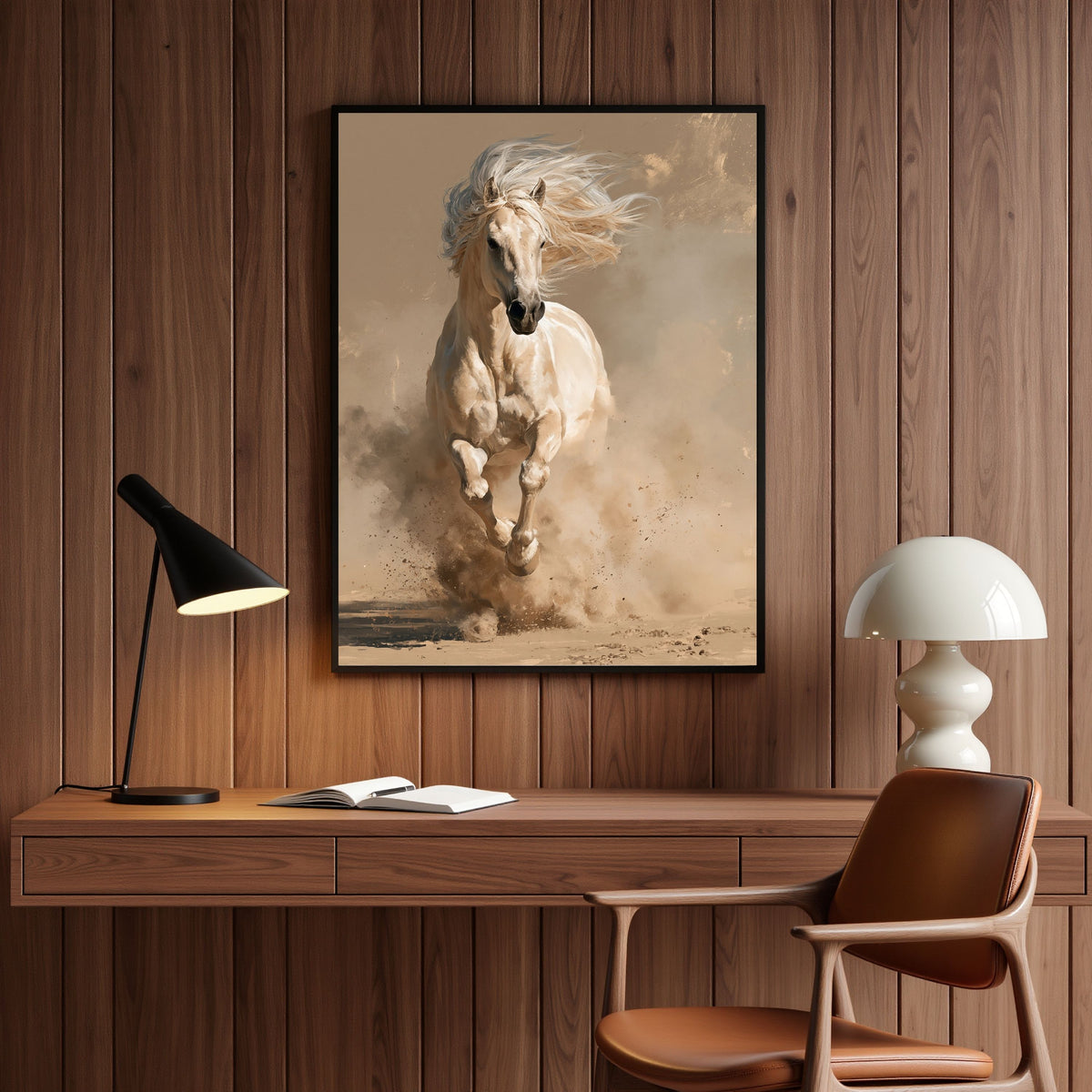 Palomino in the dust, in a black frame on walnut panelling above a wooden desk and leather chair in a home office