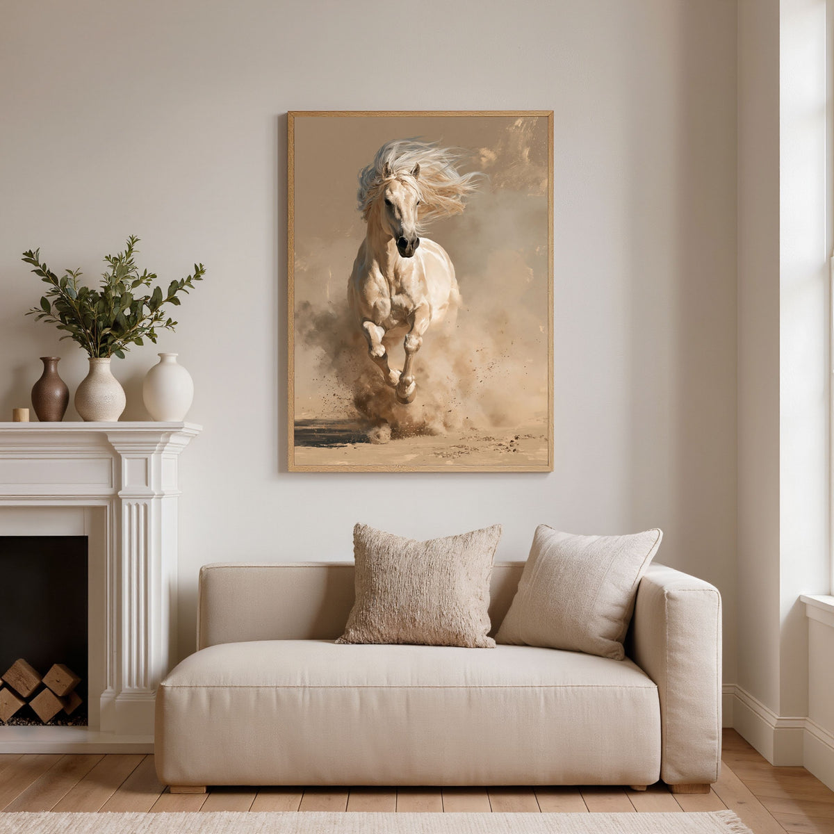 Palomino in the dust, in a natural wood frame on a cream wall above a linen sofa beside a white fireplace in a living room