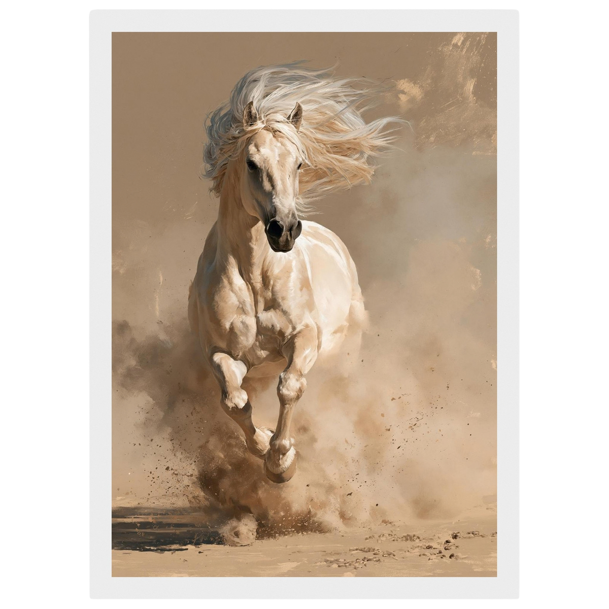 Palomino in the dust, print in a white frame