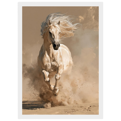 Palomino in the dust, print in a white frame