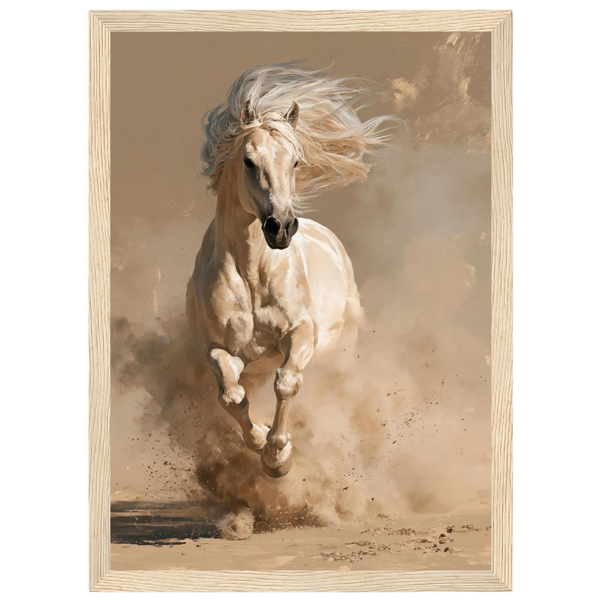 Palomino in the dust, print in a natural wood frame