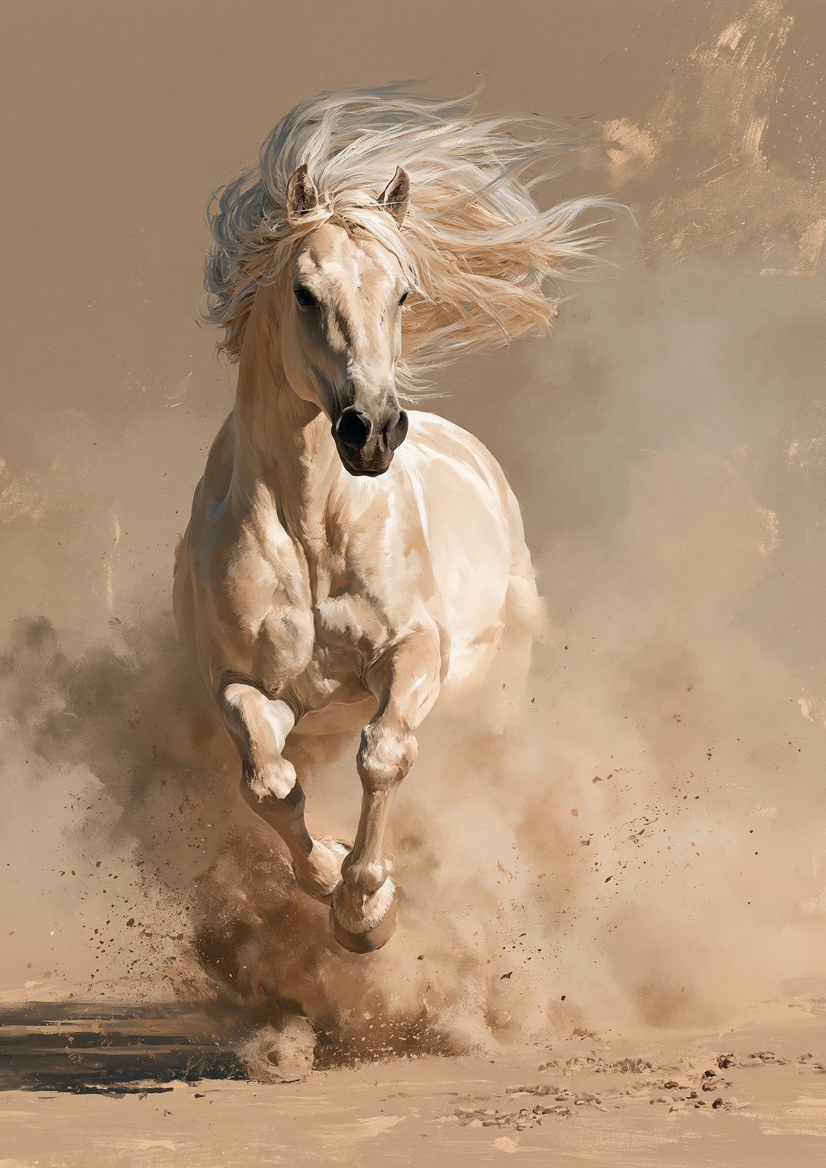 A pale cream palomino charging head-on through a cloud of sand and dust, its long mane flying back, in soft tones of cream, sand and honey
