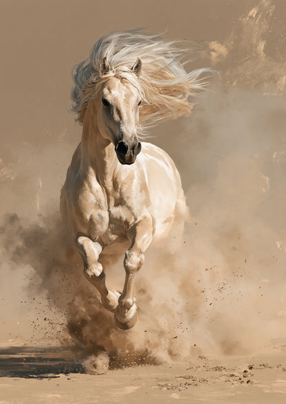 A pale cream palomino charging head-on through a cloud of sand and dust, its long mane flying back, in soft tones of cream, sand and honey