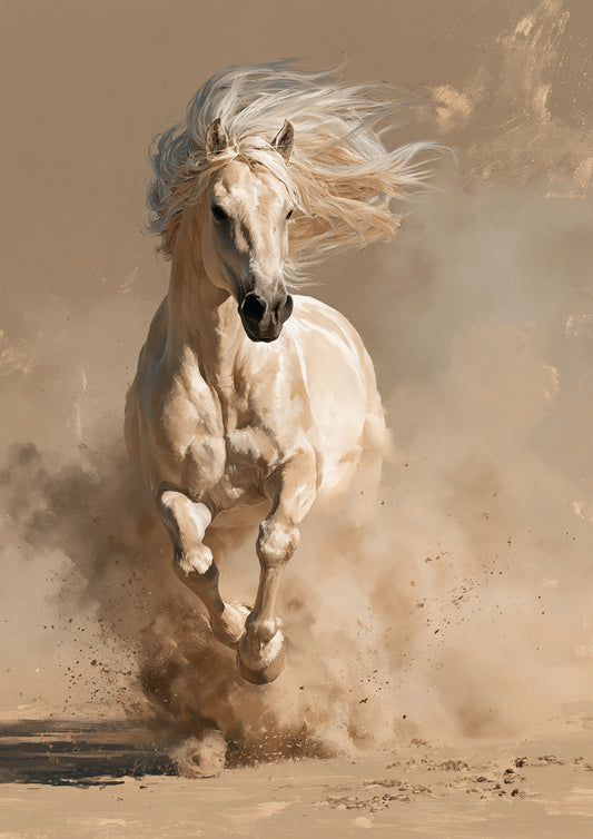 A pale cream palomino charging head-on through a cloud of sand and dust, its long mane flying back, in soft tones of cream, sand and honey