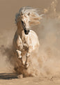 A pale cream palomino charging head-on through a cloud of sand and dust, its long mane flying back, in soft tones of cream, sand and honey