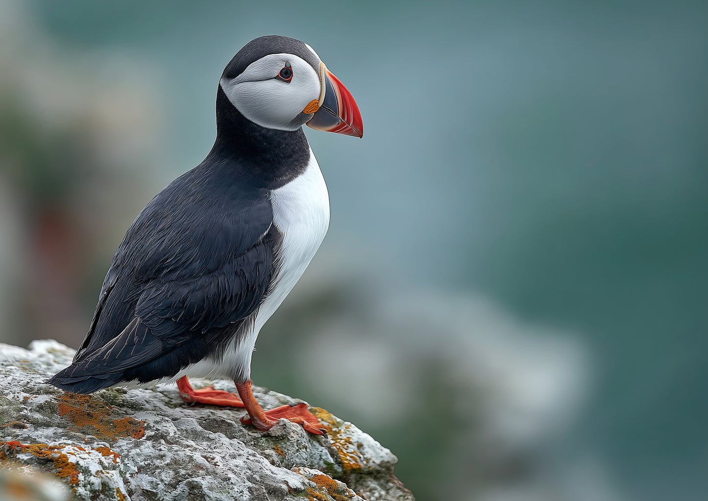 Atlantic puffin standing in profile on a pale lichened cliff ledge, red and blue-grey bill catching the light, with the sea and cliffs blurred far below in cool blue-green