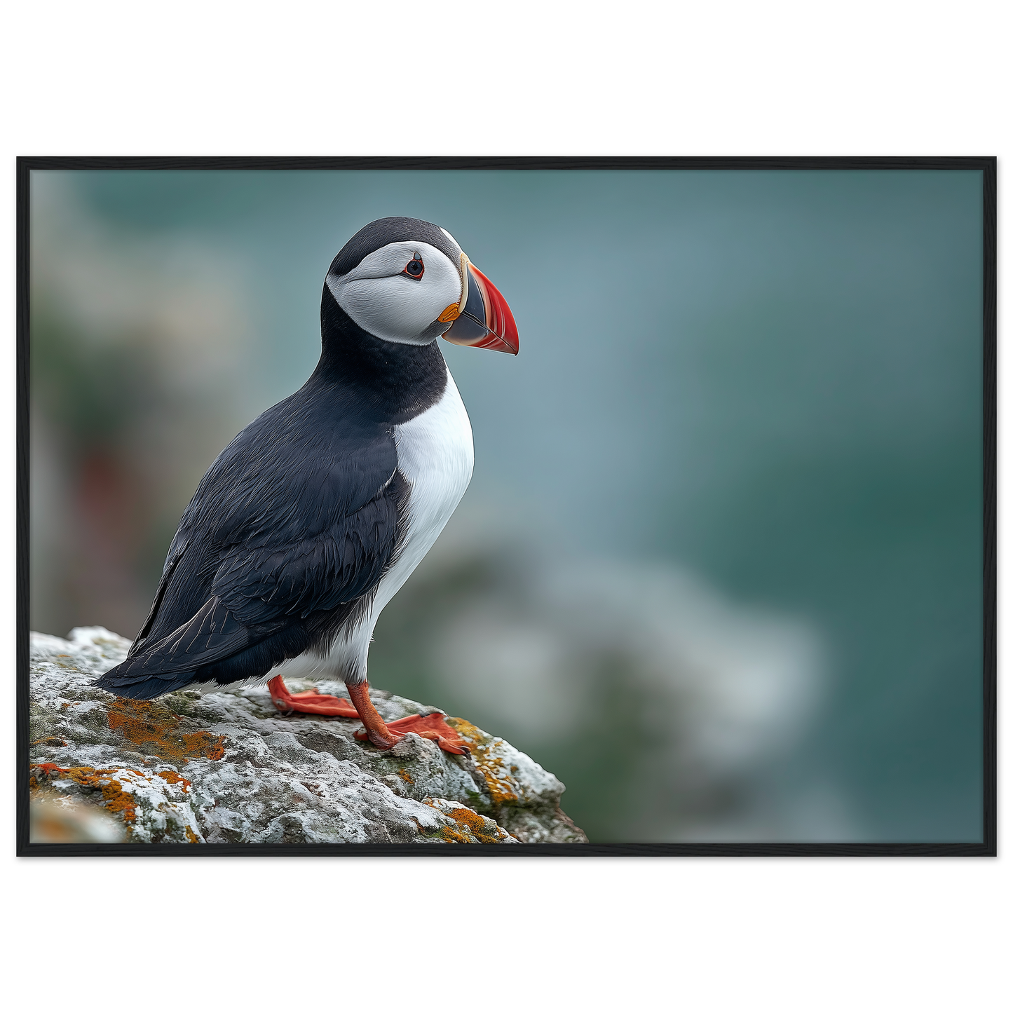 Atlantic puffin on a lichened cliff ledge above the sea, print in a black frame