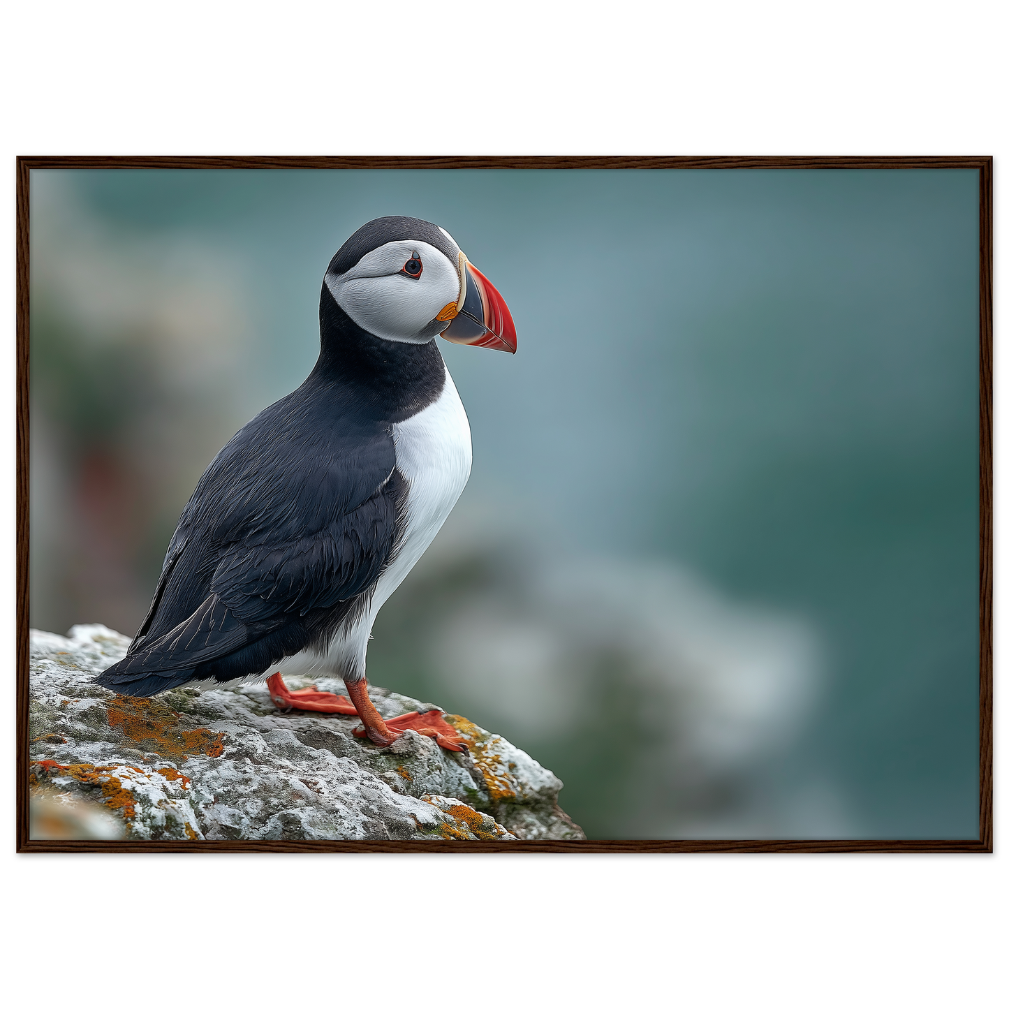 Atlantic puffin on a lichened cliff ledge above the sea, print in a dark brown wood frame