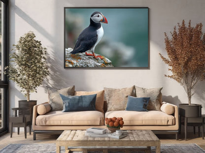 Atlantic puffin on a lichened cliff ledge above the sea, in a dark frame above a beige sofa in a bright living room