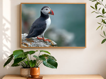 Atlantic puffin on a lichened cliff ledge above the sea, framed in light wood above a console table with houseplants
