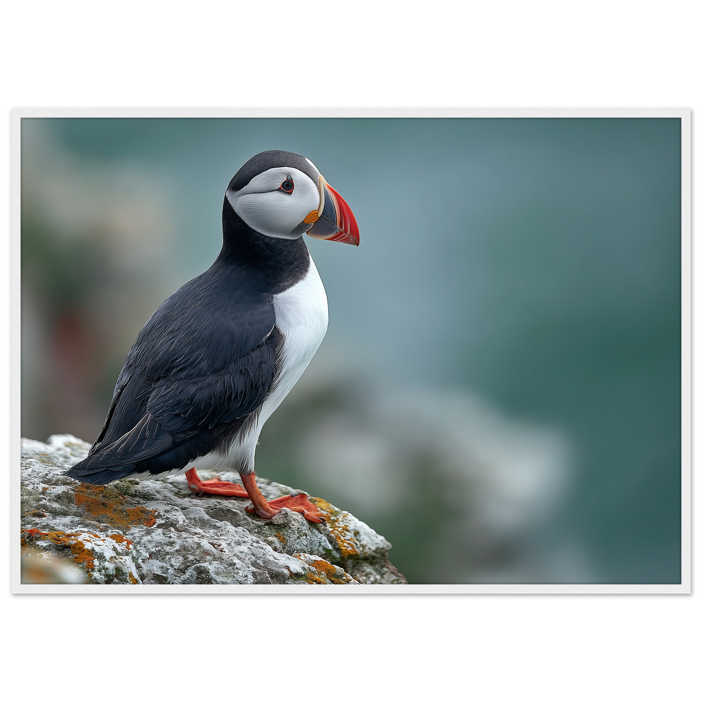 Atlantic puffin on a lichened cliff ledge above the sea, print in a white frame