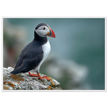 Atlantic puffin on a lichened cliff ledge above the sea, print in a white frame