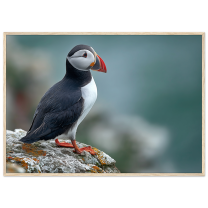 Atlantic puffin on a lichened cliff ledge above the sea, print in a natural light wood frame