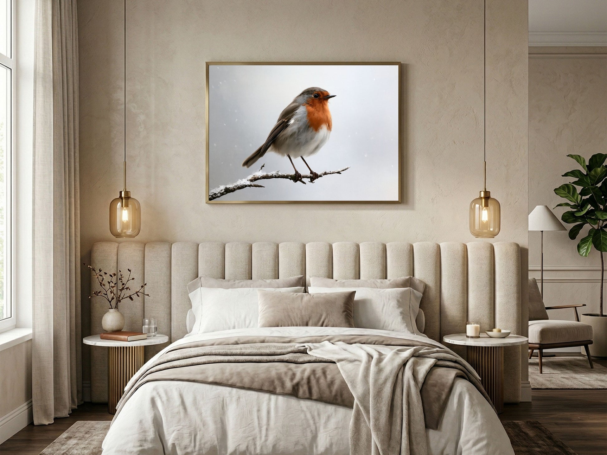 Robin on a snowy branch print in a wood frame above a bed in a warm neutral bedroom