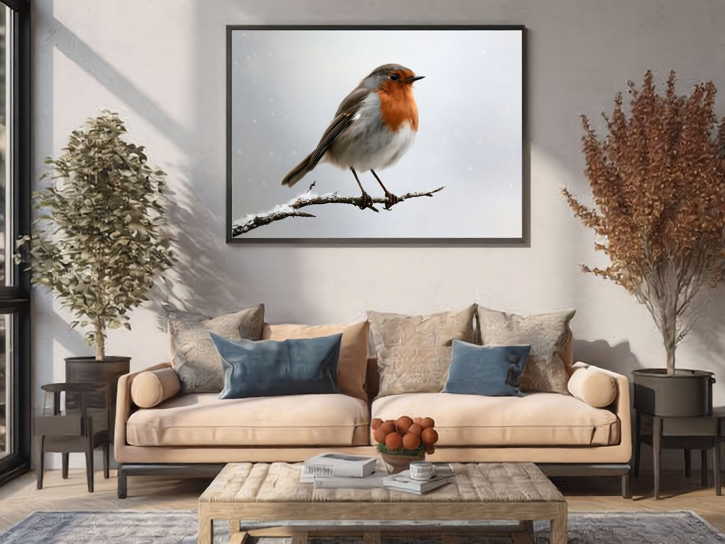 Robin on a snowy branch print in a dark frame above a beige sofa in a bright living room