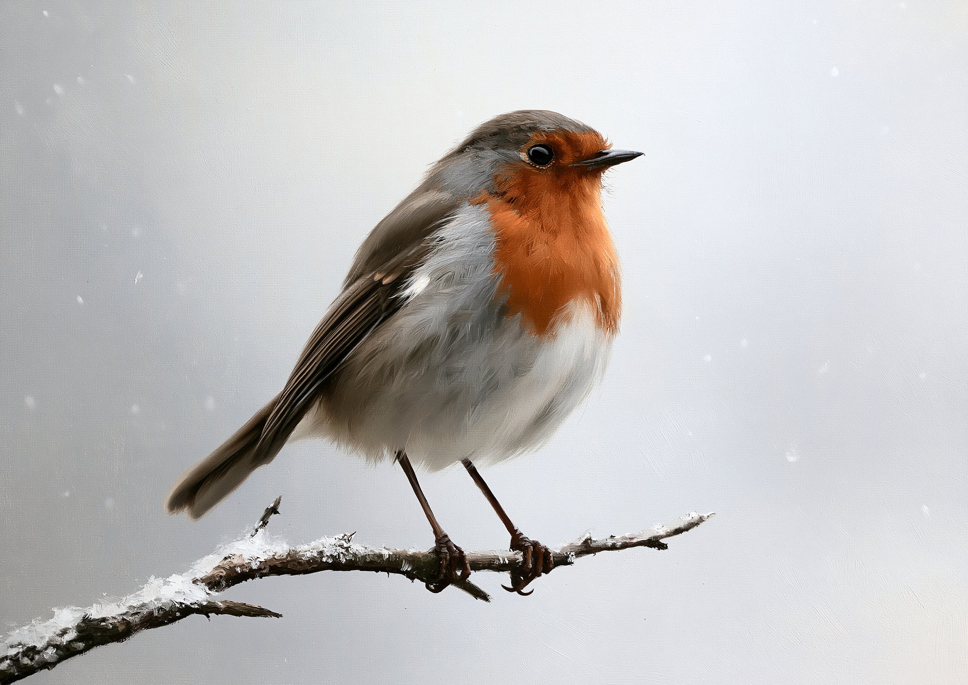 A European robin on a snow-dusted branch with fine snow falling behind