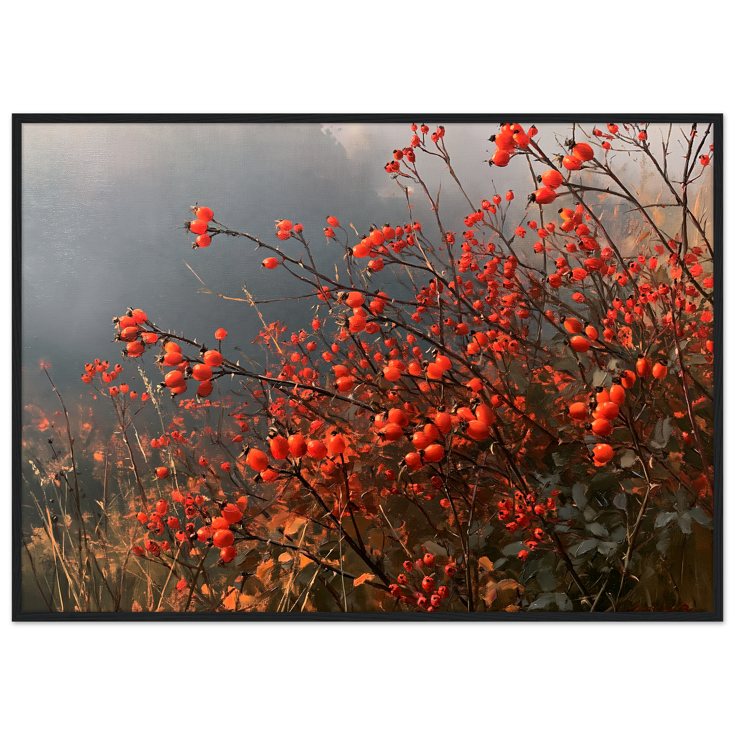 An autumn hedgerow of scarlet rosehips in oil, print in a black frame