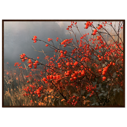 An autumn hedgerow of scarlet rosehips in oil, print in a dark wood frame