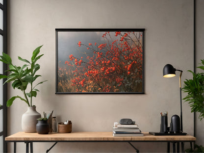 An autumn hedgerow of scarlet rosehips in oil, hanging above a desk in a home office