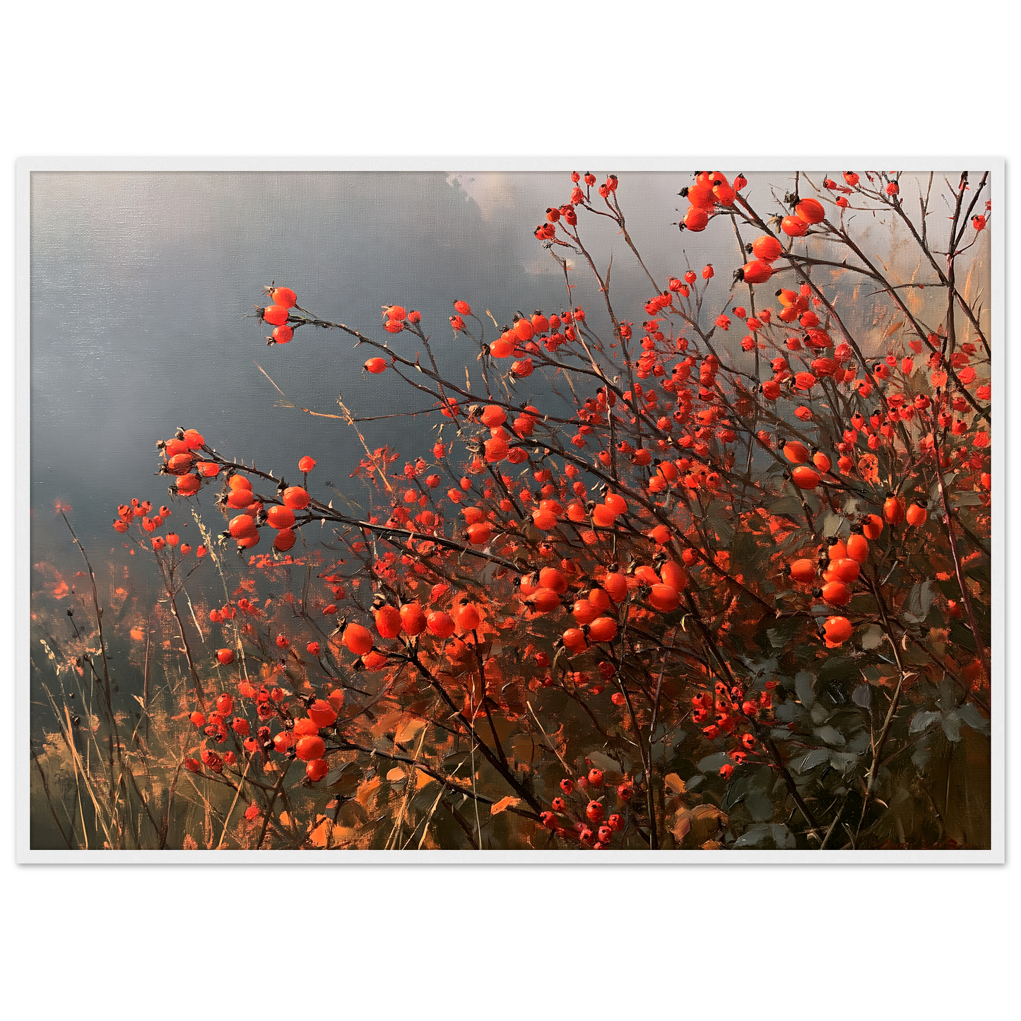 An autumn hedgerow of scarlet rosehips in oil, print in a white frame