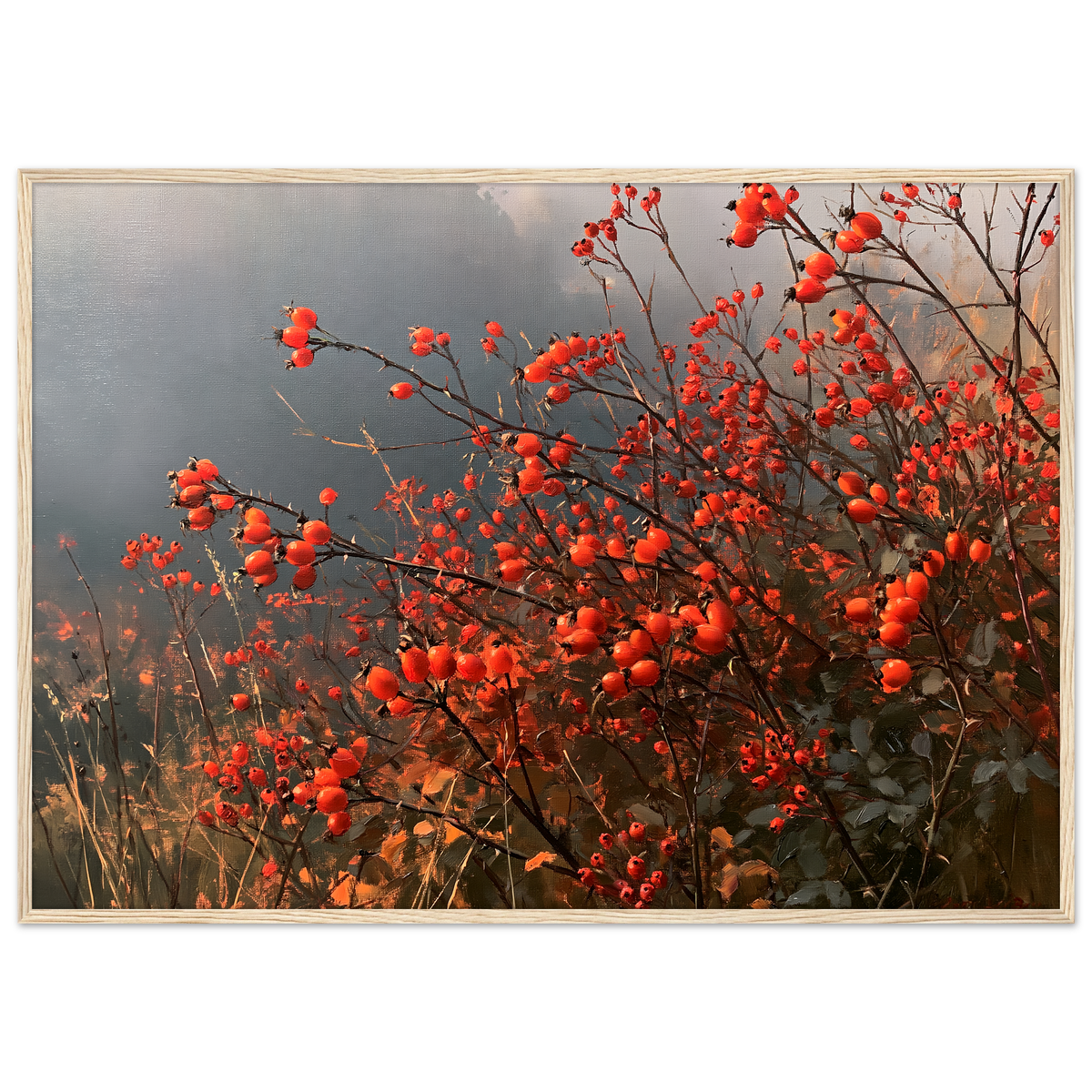 An autumn hedgerow of scarlet rosehips in oil, print in a natural wood frame