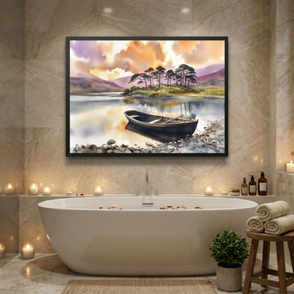 Rowing Boat on the Loch, in a black frame on a stone-tiled wall above a freestanding bath lit by candles