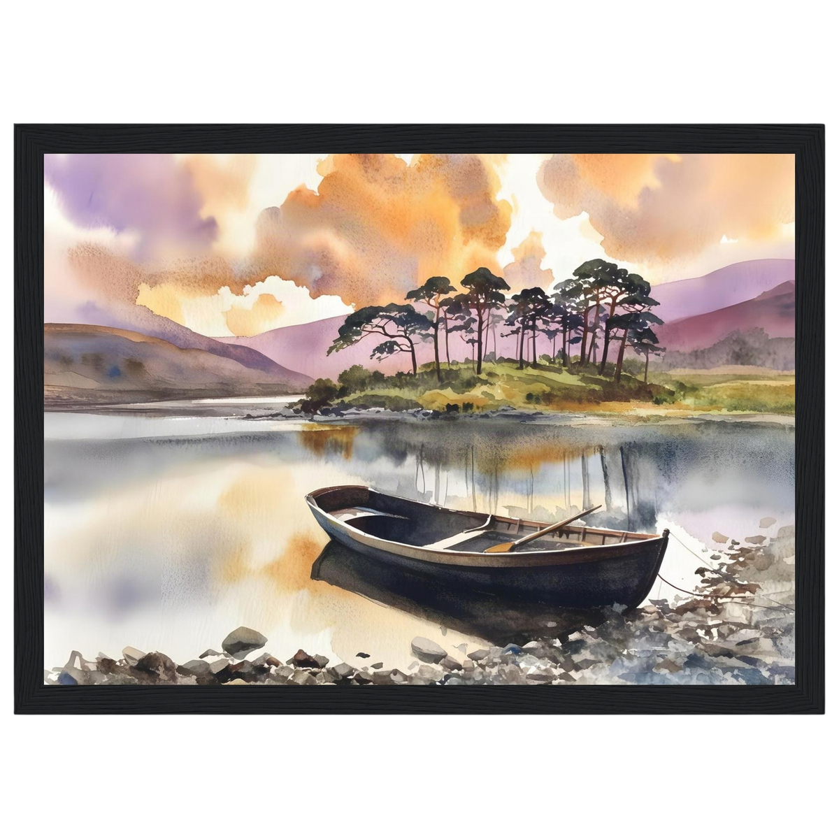 Rowing Boat on the Loch, print in a black frame