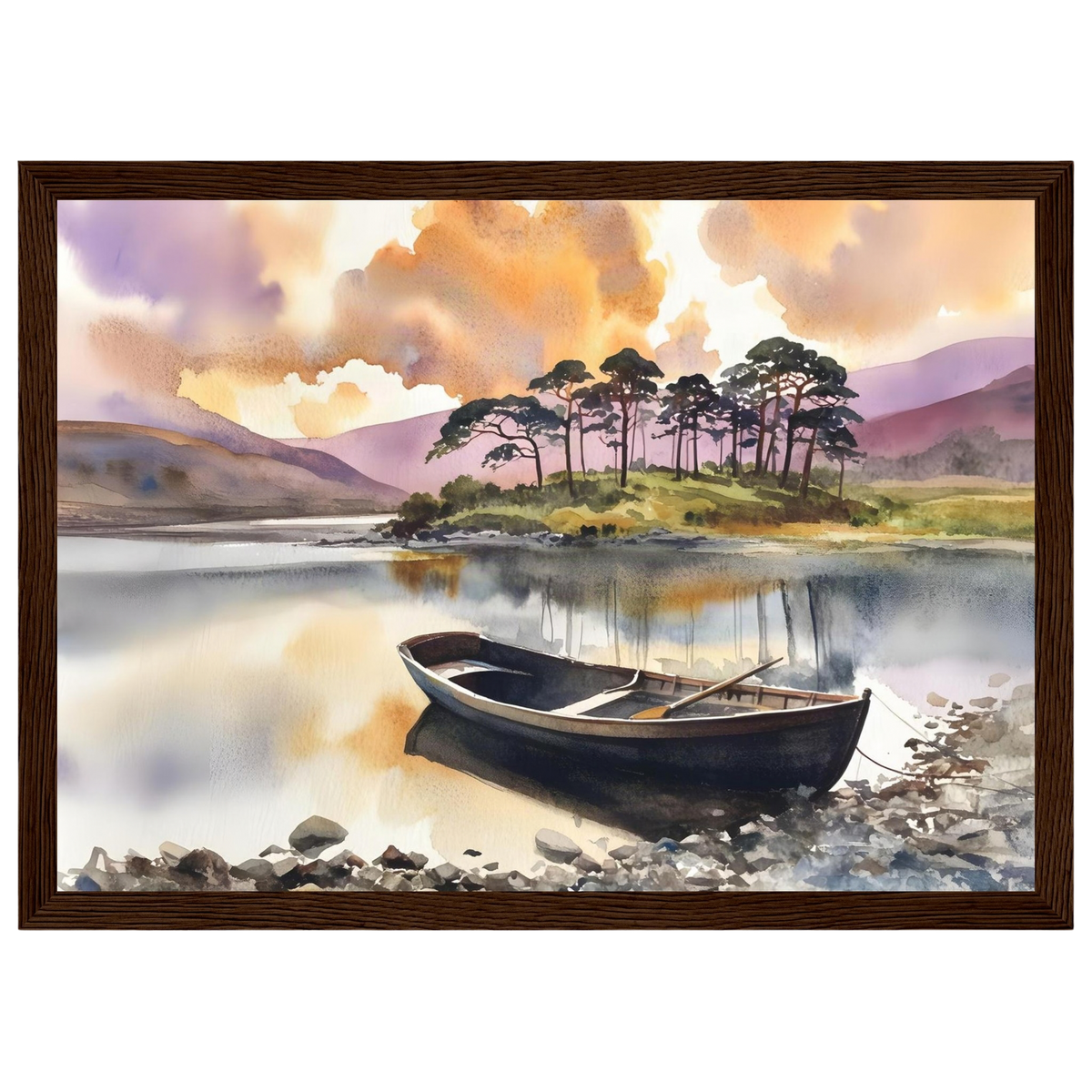 Rowing Boat on the Loch, print in a dark wood frame
