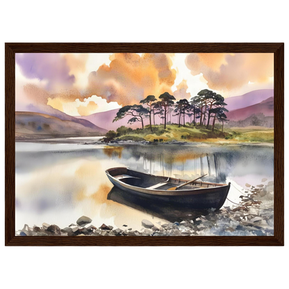 Rowing Boat on the Loch, print in a dark wood frame