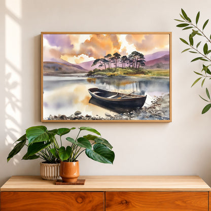 Rowing Boat on the Loch, in a natural wood frame above a wooden sideboard with potted plants against a warm white wall
