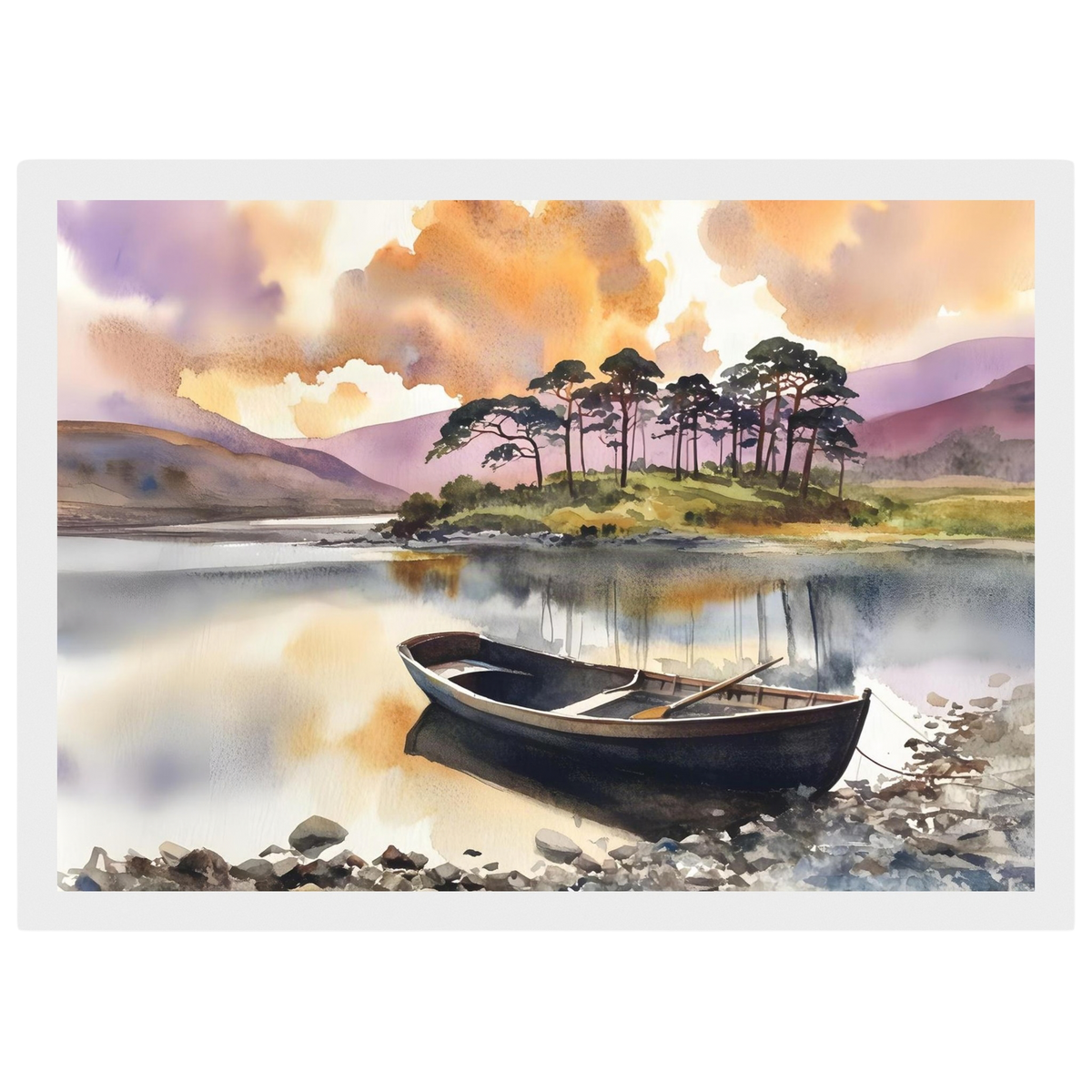 Rowing Boat on the Loch, print in a white frame