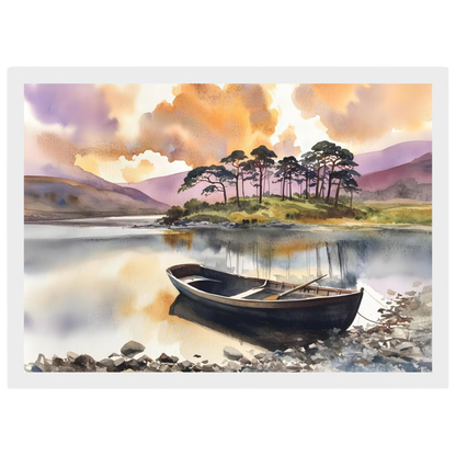 Rowing Boat on the Loch, print in a white frame