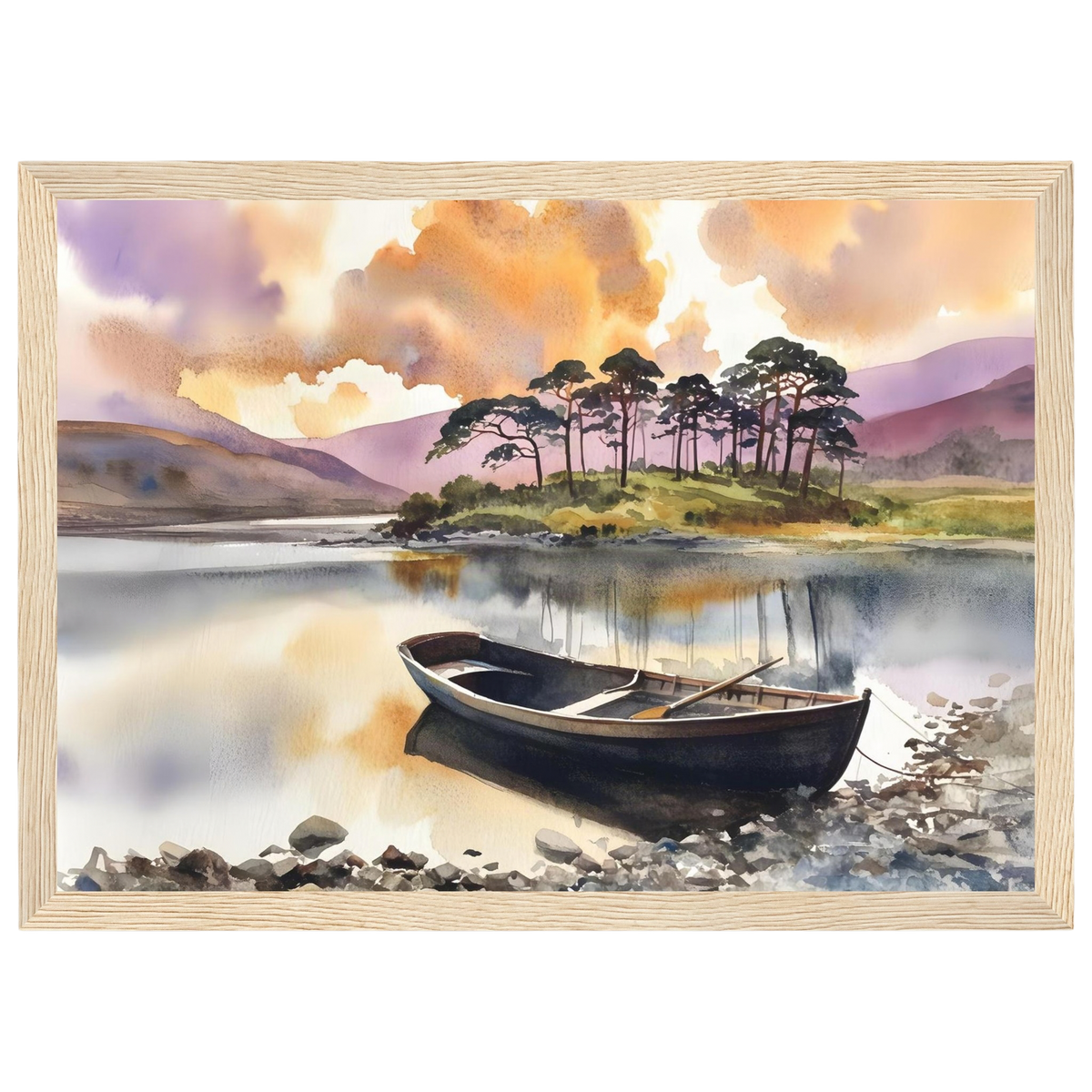 Rowing Boat on the Loch, print in a natural wood frame