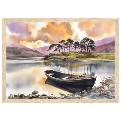 Rowing Boat on the Loch, print in a natural wood frame