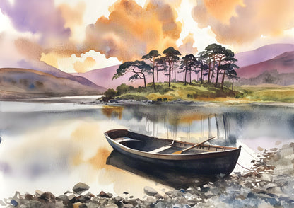 Watercolour of an empty wooden rowing boat moored by a stony shore on a still Highland loch at sunset, with tall Scots pines on a wooded point, violet hills and an apricot and lilac sky reflected in the water