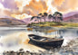 Watercolour of an empty wooden rowing boat moored by a stony shore on a still Highland loch at sunset, with tall Scots pines on a wooded point, violet hills and an apricot and lilac sky reflected in the water