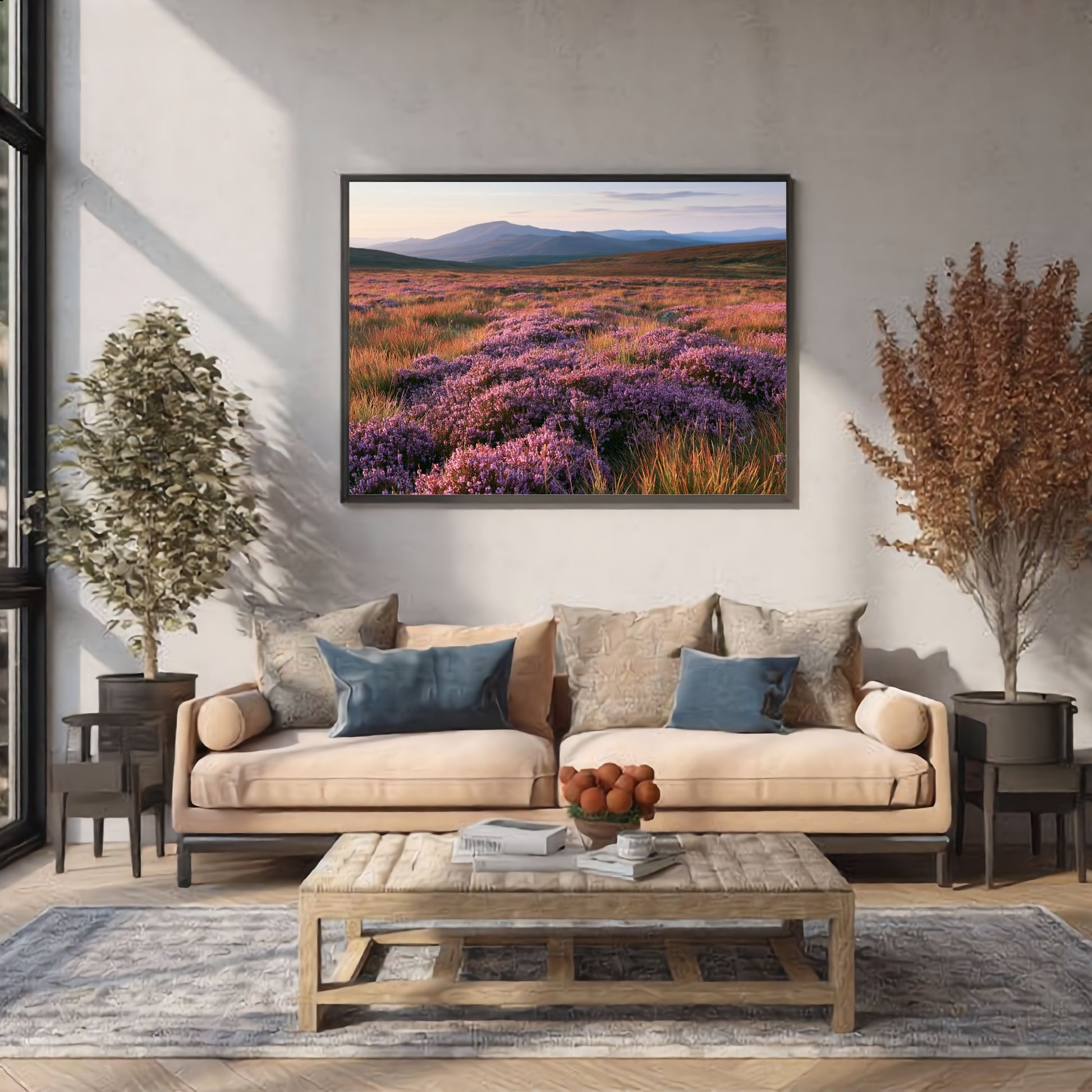 Purple heather moor below blue hills, print in a slim grey frame above a blush sofa in a bright modern living room