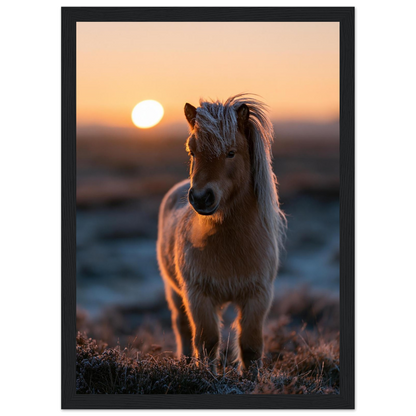 Shetland pony at sunset, print in a black frame