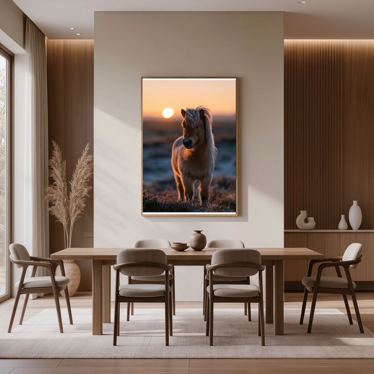 Shetland pony at sunset, in a natural wood frame above a dining table against a timber panelled wall