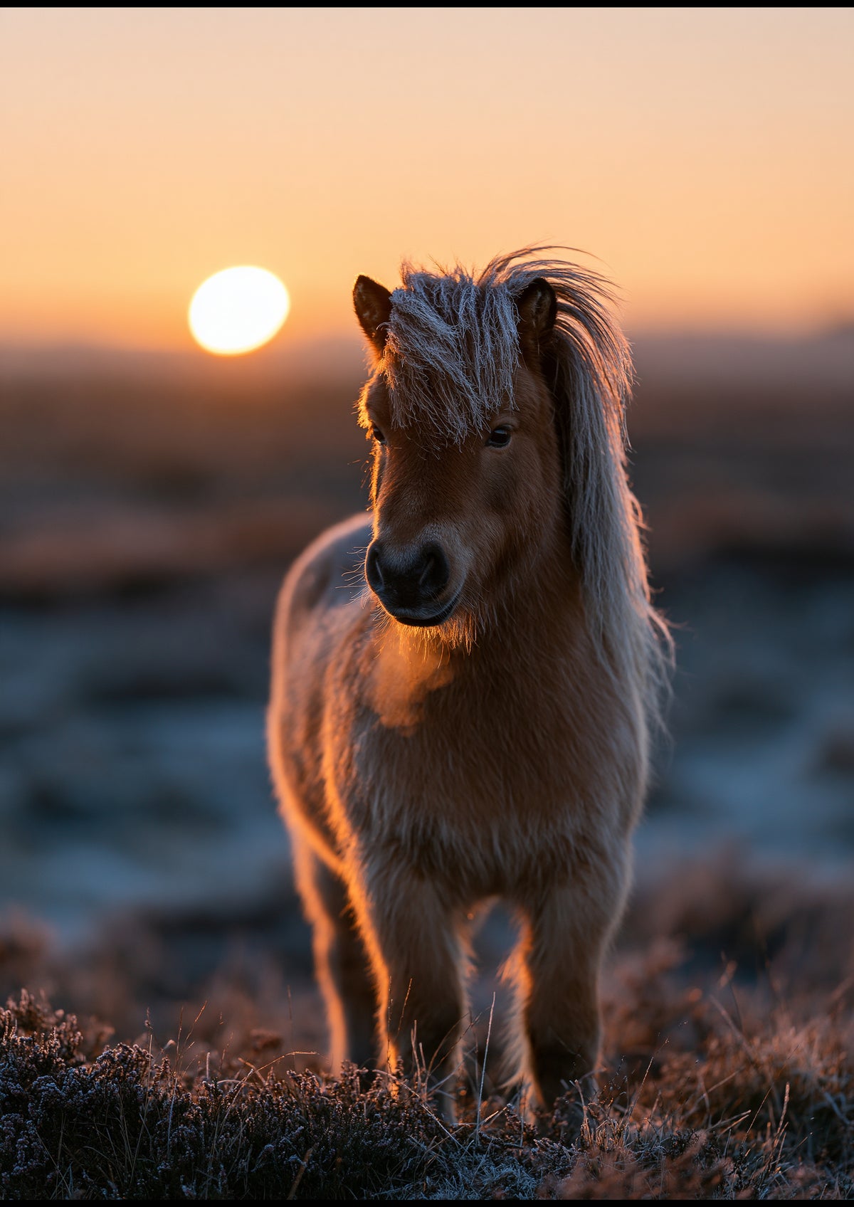 A Shetland pony in her winter coat on a frosted moor, her flaxen mane rimlit by a low sun on the horizon
