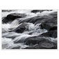 Silk water over dark rock, print in a white frame