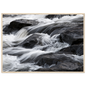 Silk water over dark rock, print in a natural wood frame