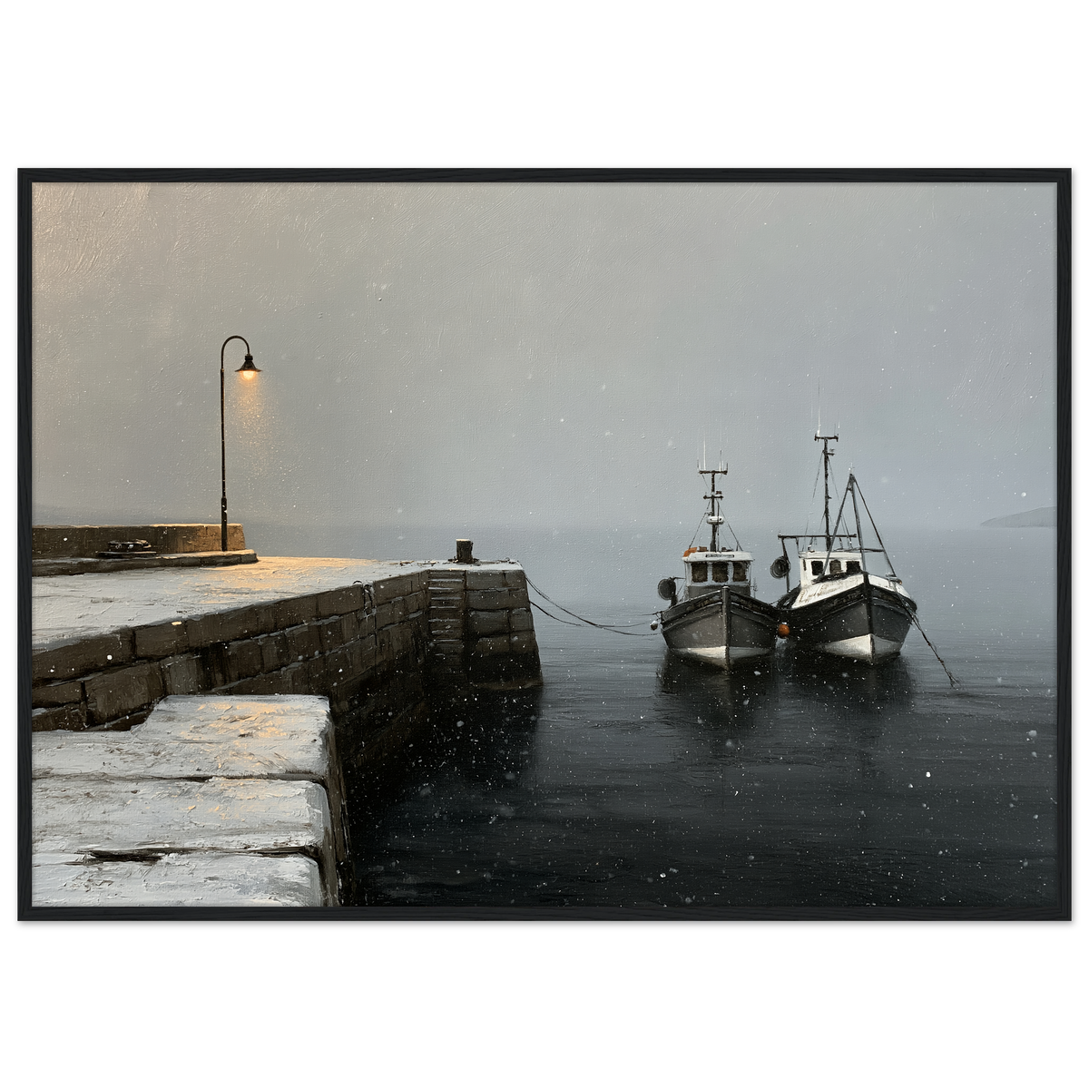 Two fishing boats at a snow-covered pier, print in a black frame