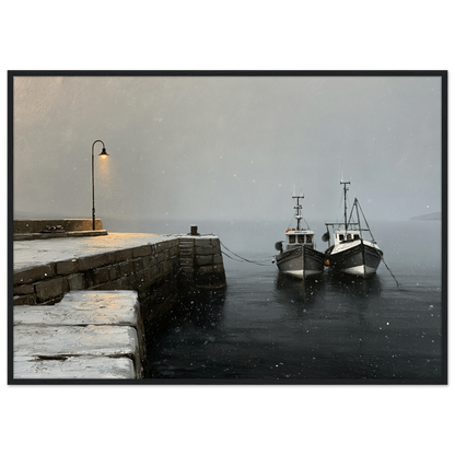 Two fishing boats at a snow-covered pier, print in a black frame