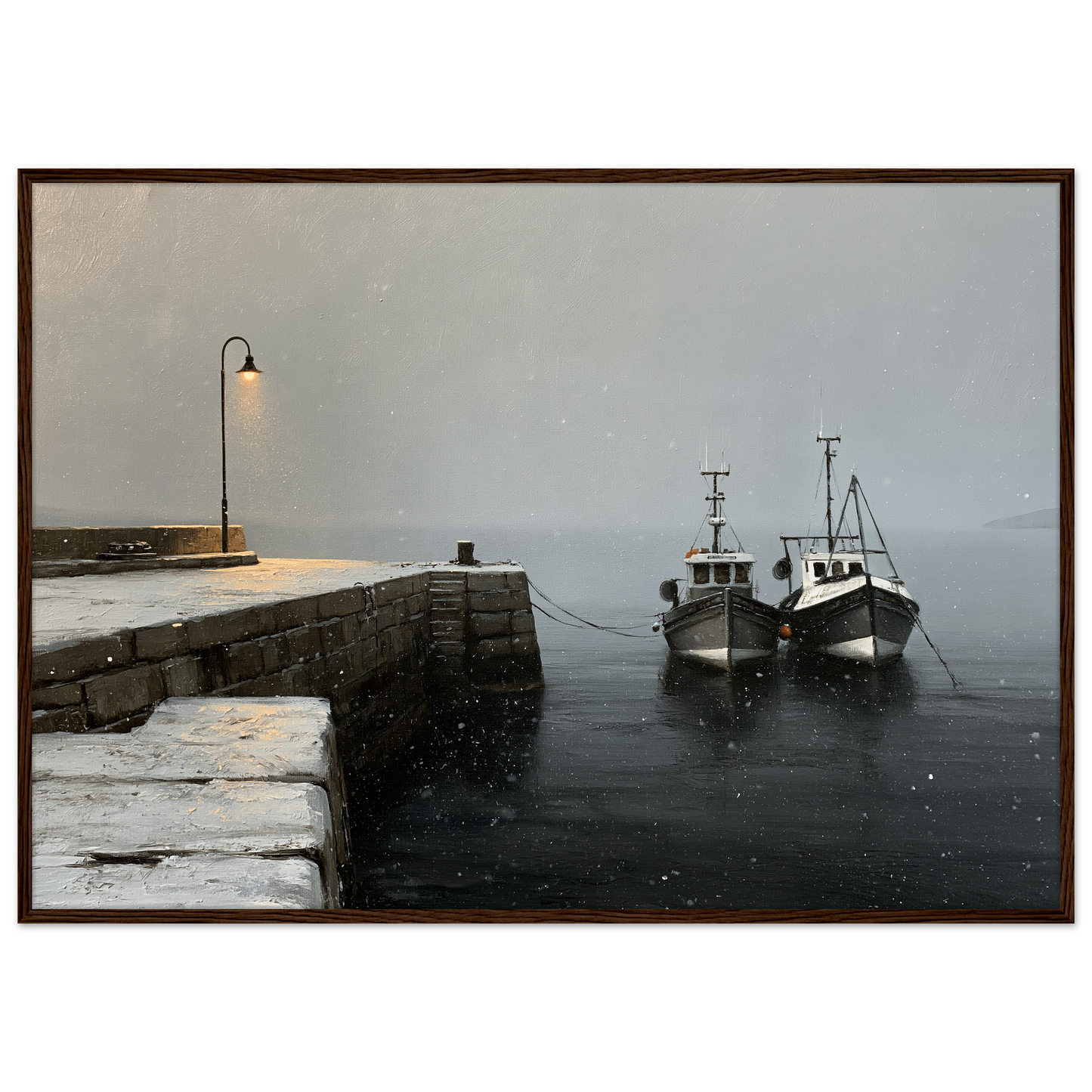Two fishing boats at a snow-covered pier, print in a dark wood frame
